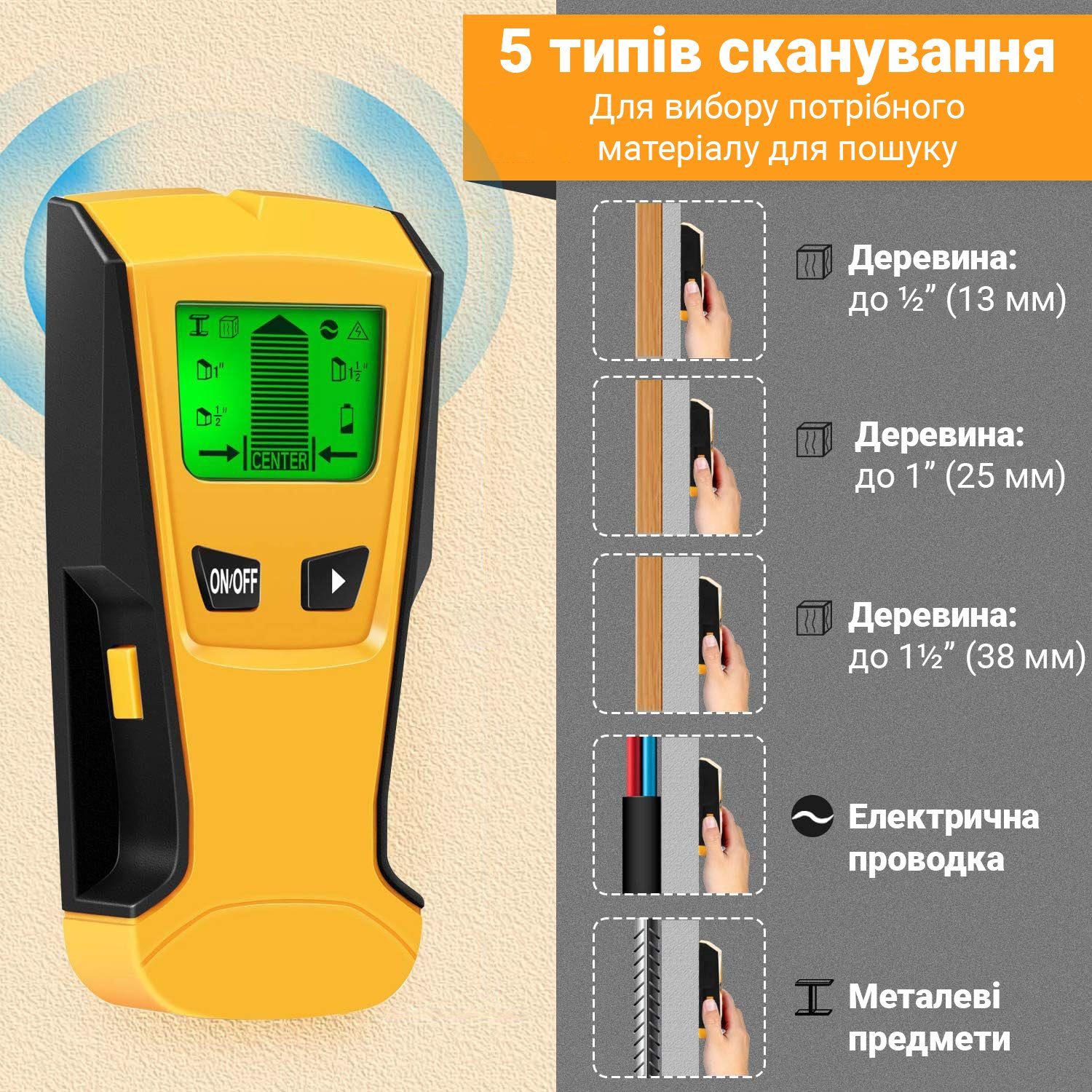 Шукач прихованої проводки, металу та дерева 3в1, на мікроконтролері c LCD екраном Inlife TH210 8