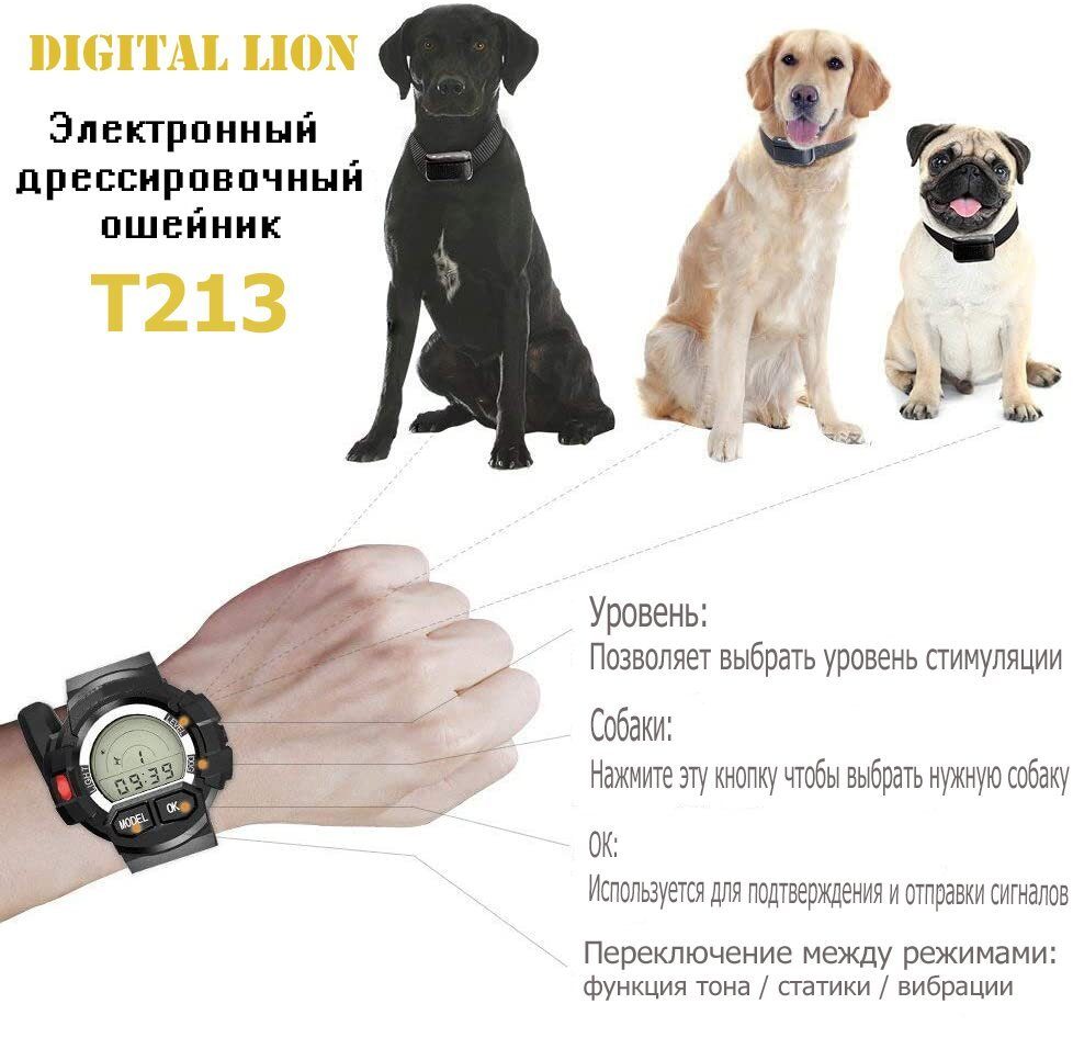 Годинник з електронашийником Digital Lion T213, нашийник електронний для дресирування собак, до 300 м, 5