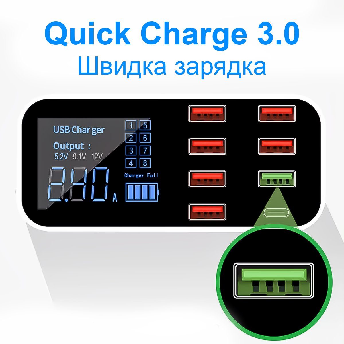 Автомобільний мультизарядний пристрій Addap AC-A9S, док-станція з дисплеєм, 40W 5