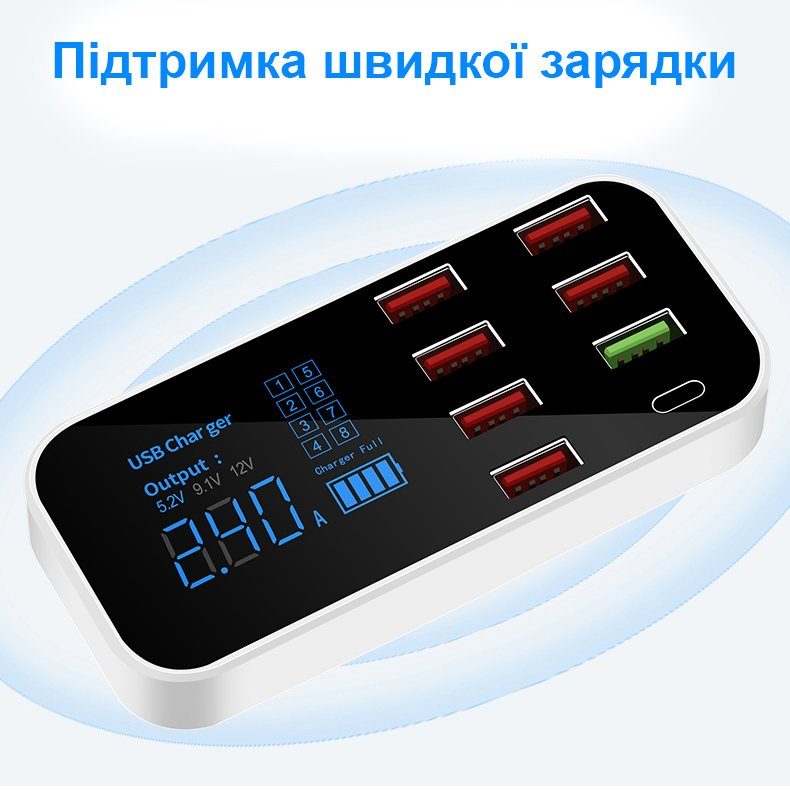 Автомобільний мультизарядний пристрій Addap AC-A9S, док-станція з дисплеєм, 40W 4