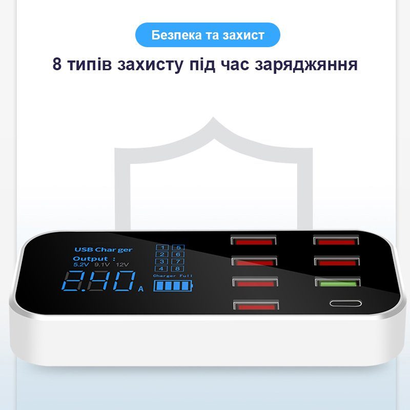 Автомобільний мультизарядний пристрій Addap AC-A9S, док-станція з дисплеєм, 40W 9