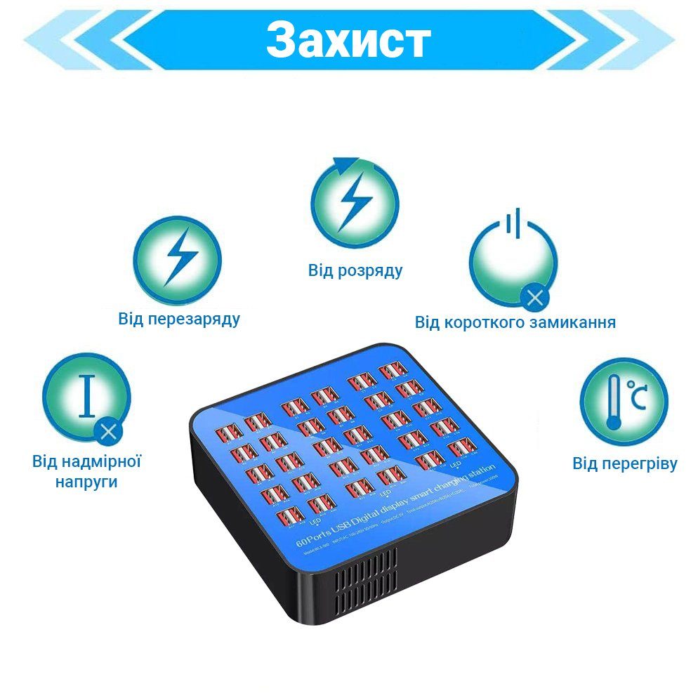 Мультизарядний пристрій на 60 USB портів Addap WLX-860, док-станція, 300W, blue 10