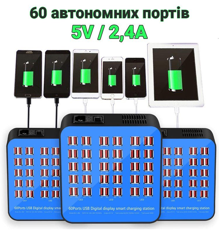 Мультизарядний пристрій на 60 USB портів Addap WLX-860, док-станція, 300W, blue 12