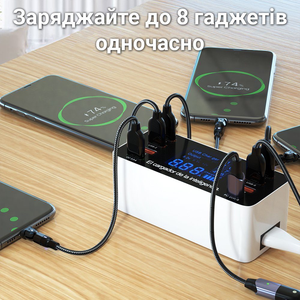 Мультизарядний пристрій на 8 портів Addap WLX-A9P, МЗП з дисплеєм, 60W 3