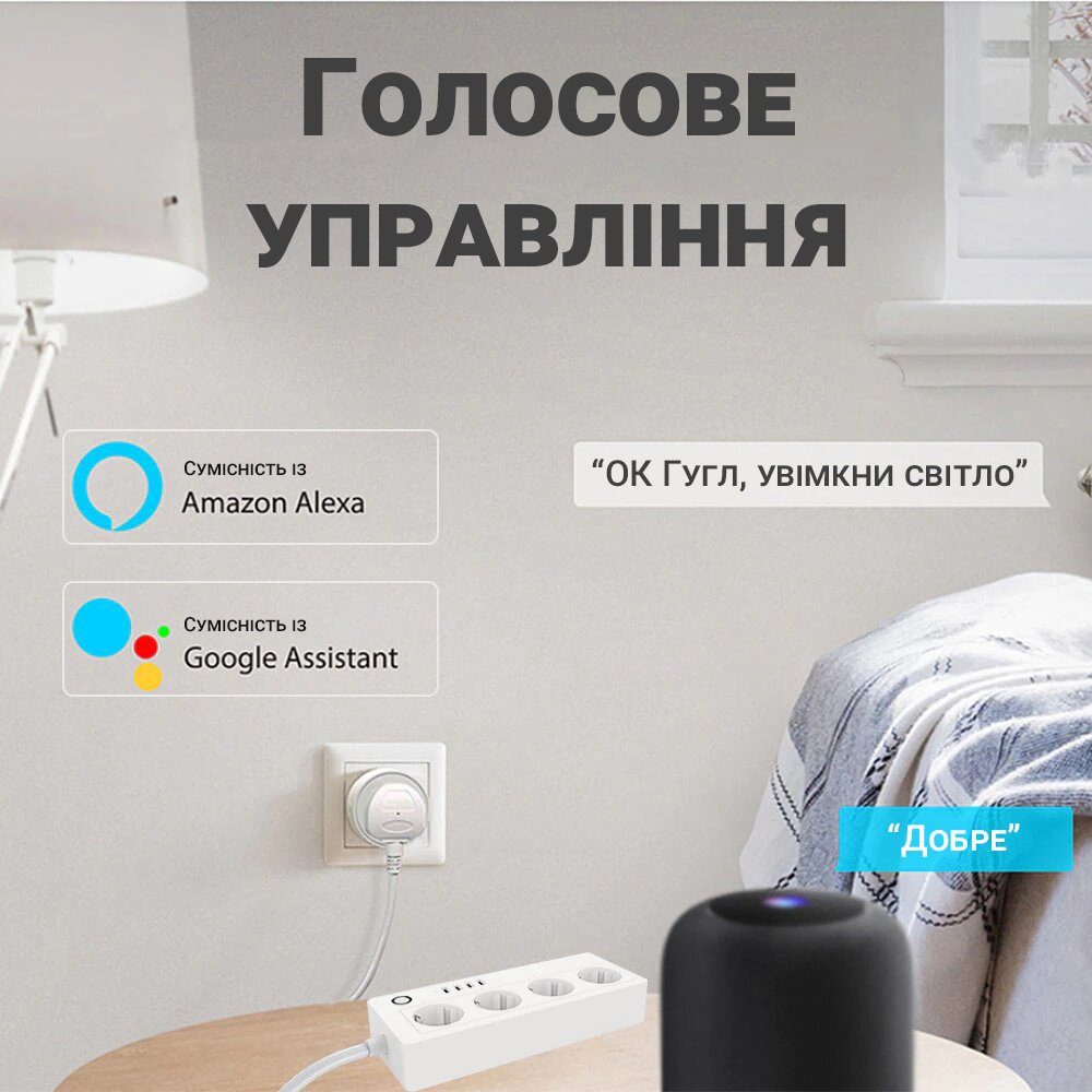 Розумний мережевий фільтр з WiFi підключенням USmart IS-03w, подовжувач на 4 розетки + 4 USB, підтримка Tuya, Android / iOS 12