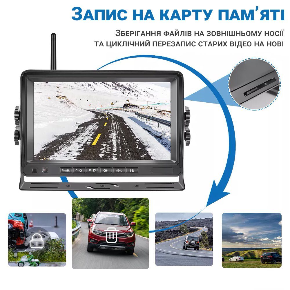 Бездротова камера заднього виду з 7" монітором Podofo A3006 | паркувальний комплекс + відеореєстратор для вантажних автомобілів 3