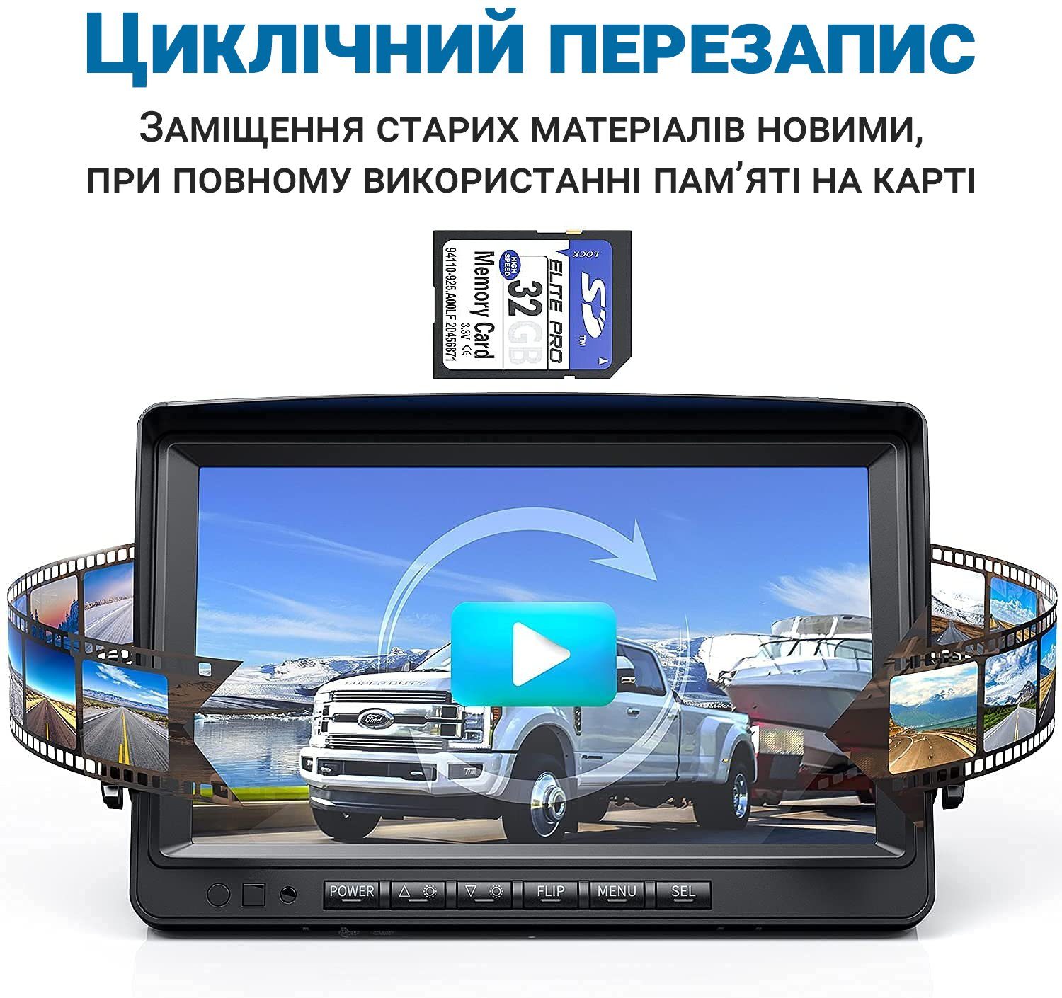 Комплект з 2-х камер заднього виду та 9" монітором для вантажних автомобілів Podofo A2805 , паркувальна система з записом відео для вантажівки 6