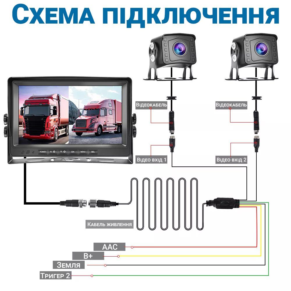 Комплект з 2-х камер заднього виду та 9" монітором для вантажних автомобілів Podofo A2805 , паркувальна система з записом відео для вантажівки 9