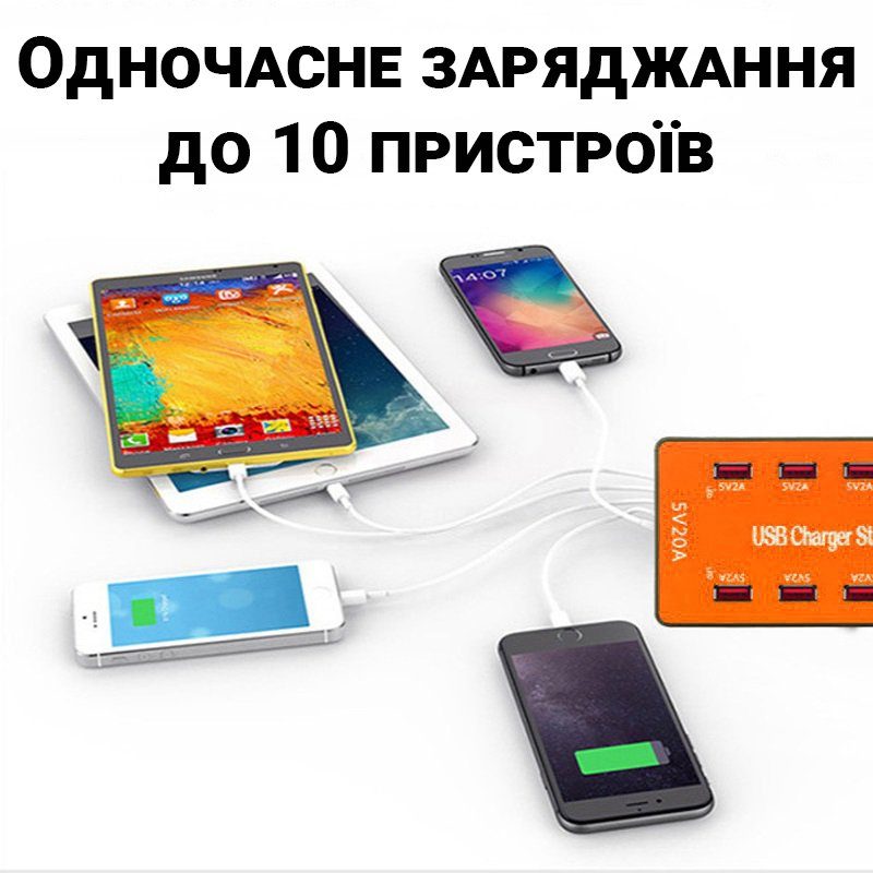 Багатопортовий мережевий зарядний пристрій на 10 USB роз'ємів Addap MCS-A5B, док-станція для зарядки, 50W, Orange 6