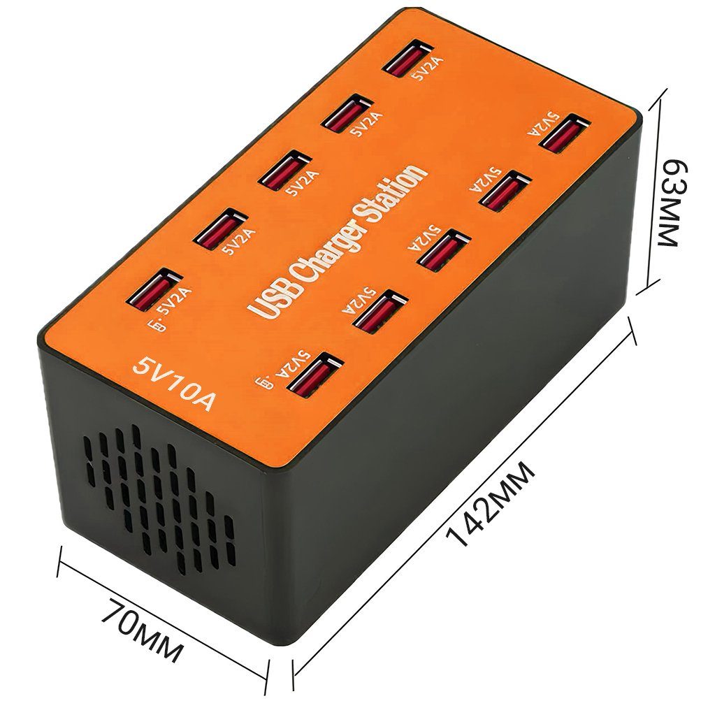 Багатопортовий мережевий зарядний пристрій на 10 USB роз'ємів Addap MCS-A5B, док-станція для зарядки, 50W, Orange 3
