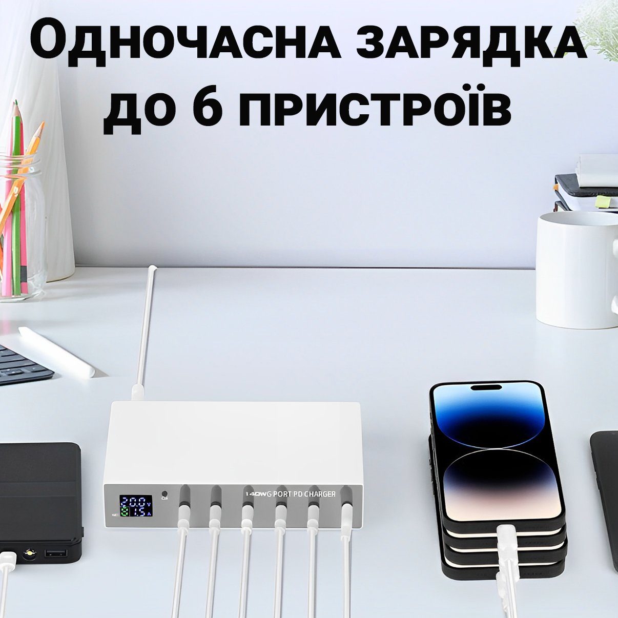 Type-C мультизарядний пристрій на 6 портів Addap MCS-X6P, зарядна станція з підтримкою швидкої PD 3.0 зарядки, 140W 4