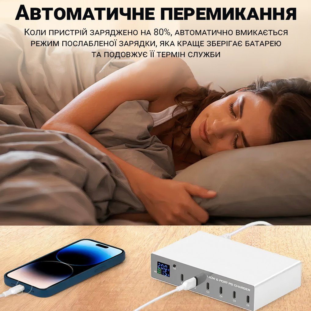 Type-C мультизарядний пристрій на 6 портів Addap MCS-X6P, зарядна станція з підтримкою швидкої PD 3.0 зарядки, 140W 11