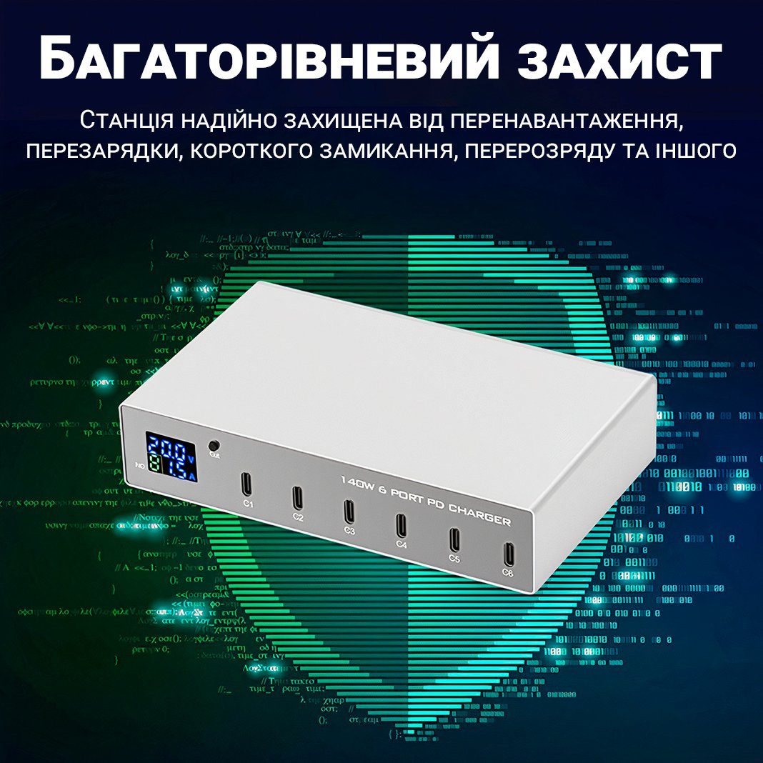 Type-C мультизарядний пристрій на 6 портів Addap MCS-X6P, зарядна станція з підтримкою швидкої PD 3.0 зарядки, 140W 10