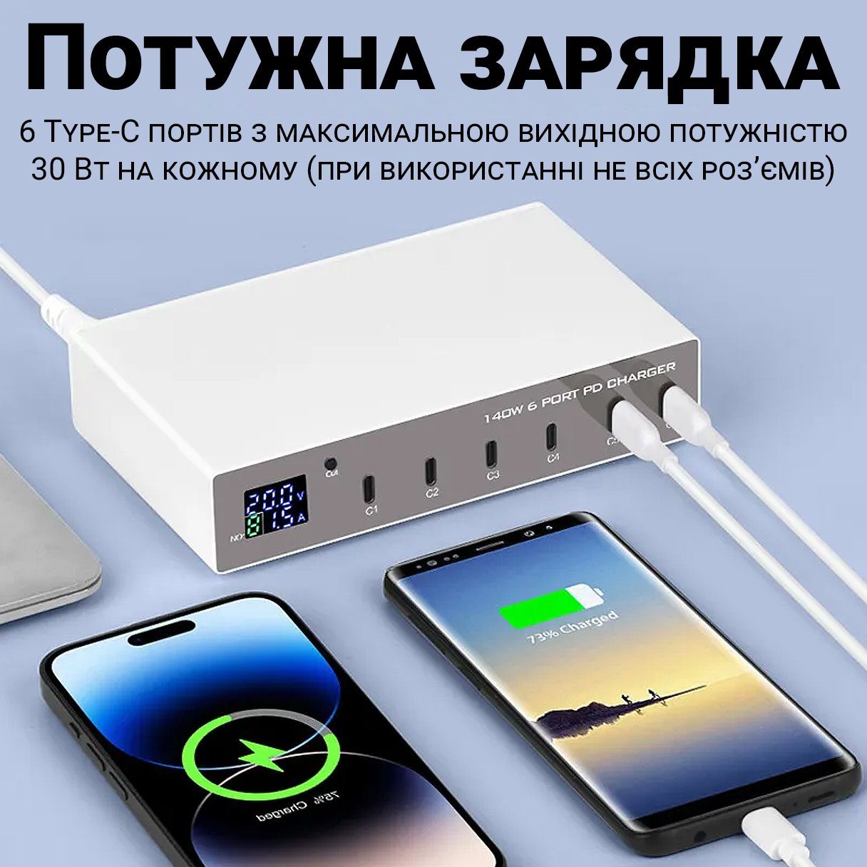 Type-C мультизарядний пристрій на 6 портів Addap MCS-X6P, зарядна станція з підтримкою швидкої PD 3.0 зарядки, 140W 5