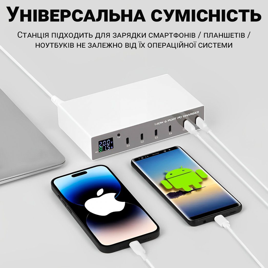 Type-C мультизарядний пристрій на 6 портів Addap MCS-X6P, зарядна станція з підтримкою швидкої PD 3.0 зарядки, 140W 7