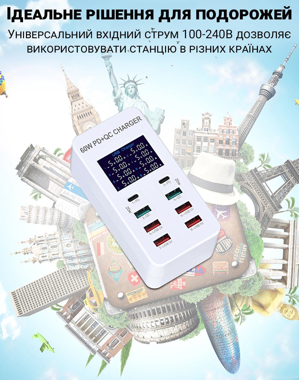 Мережевий зарядний пристрій на 8 роз'ємів Addap WLX-A8T: Type-C + USB-A із підтримкою PD 3.0 та QC 3.0 швидкої зарядки 6