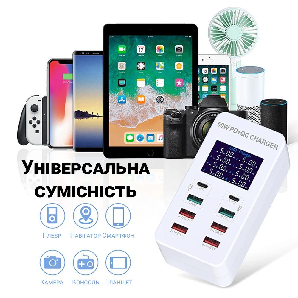 Мережевий зарядний пристрій на 8 роз'ємів Addap WLX-A8T: Type-C + USB-A із підтримкою PD 3.0 та QC 3.0 швидкої зарядки 12