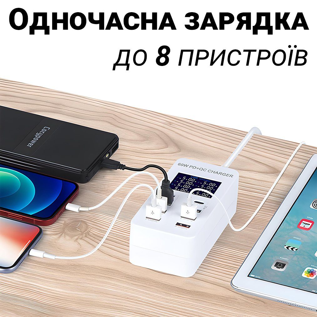 Мережевий зарядний пристрій на 8 роз'ємів Addap WLX-A8T: Type-C + USB-A із підтримкою PD 3.0 та QC 3.0 швидкої зарядки 7