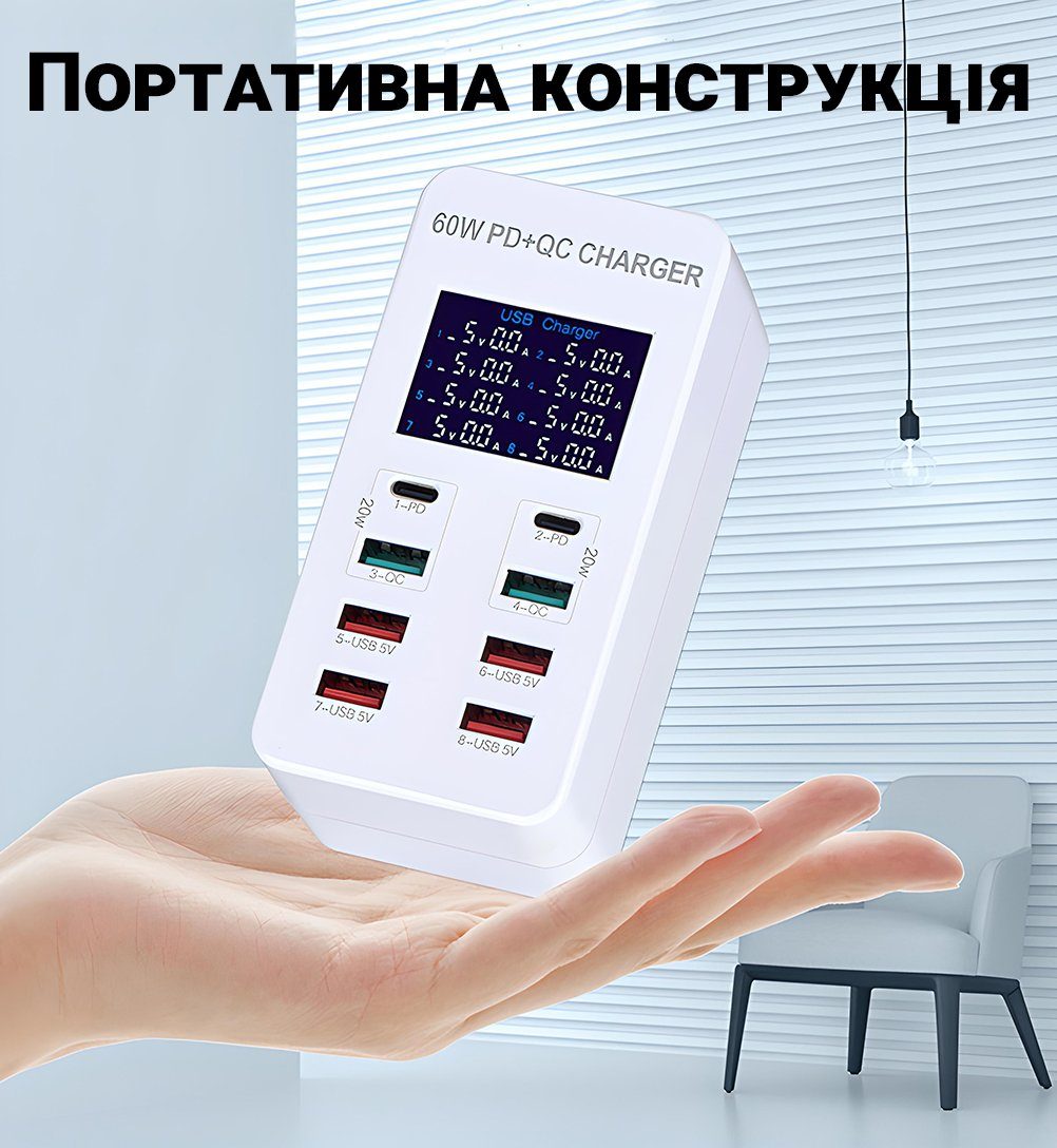 Мережевий зарядний пристрій на 8 роз'ємів Addap WLX-A8T: Type-C + USB-A із підтримкою PD 3.0 та QC 3.0 швидкої зарядки 11