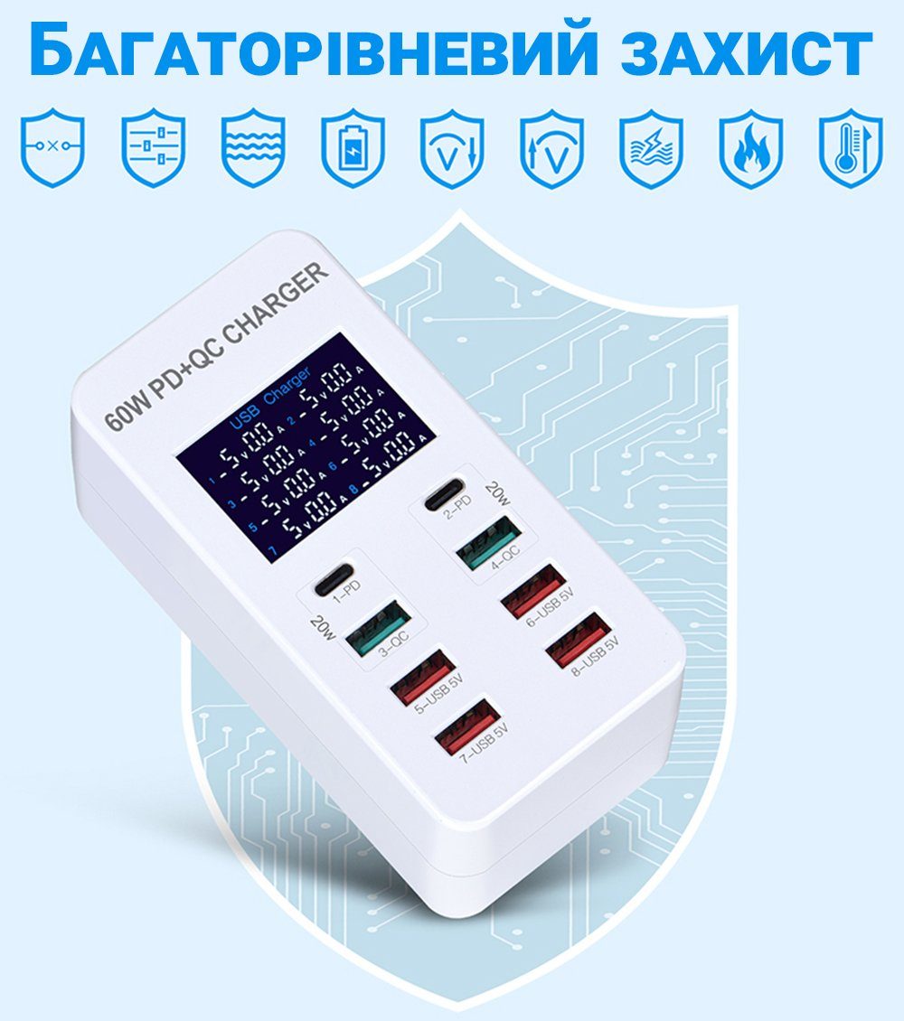 Мережевий зарядний пристрій на 8 роз'ємів Addap WLX-A8T: Type-C + USB-A із підтримкою PD 3.0 та QC 3.0 швидкої зарядки 10