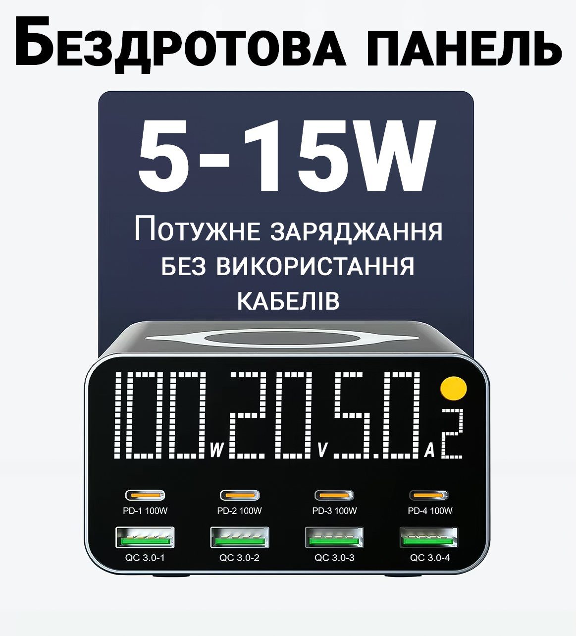 9в1 Багатопортовий зарядний пристрій Addap MCS-M1, док-станція для зарядки на 4 Type-C + 4 USB-A + бездротова панель, 120W 5