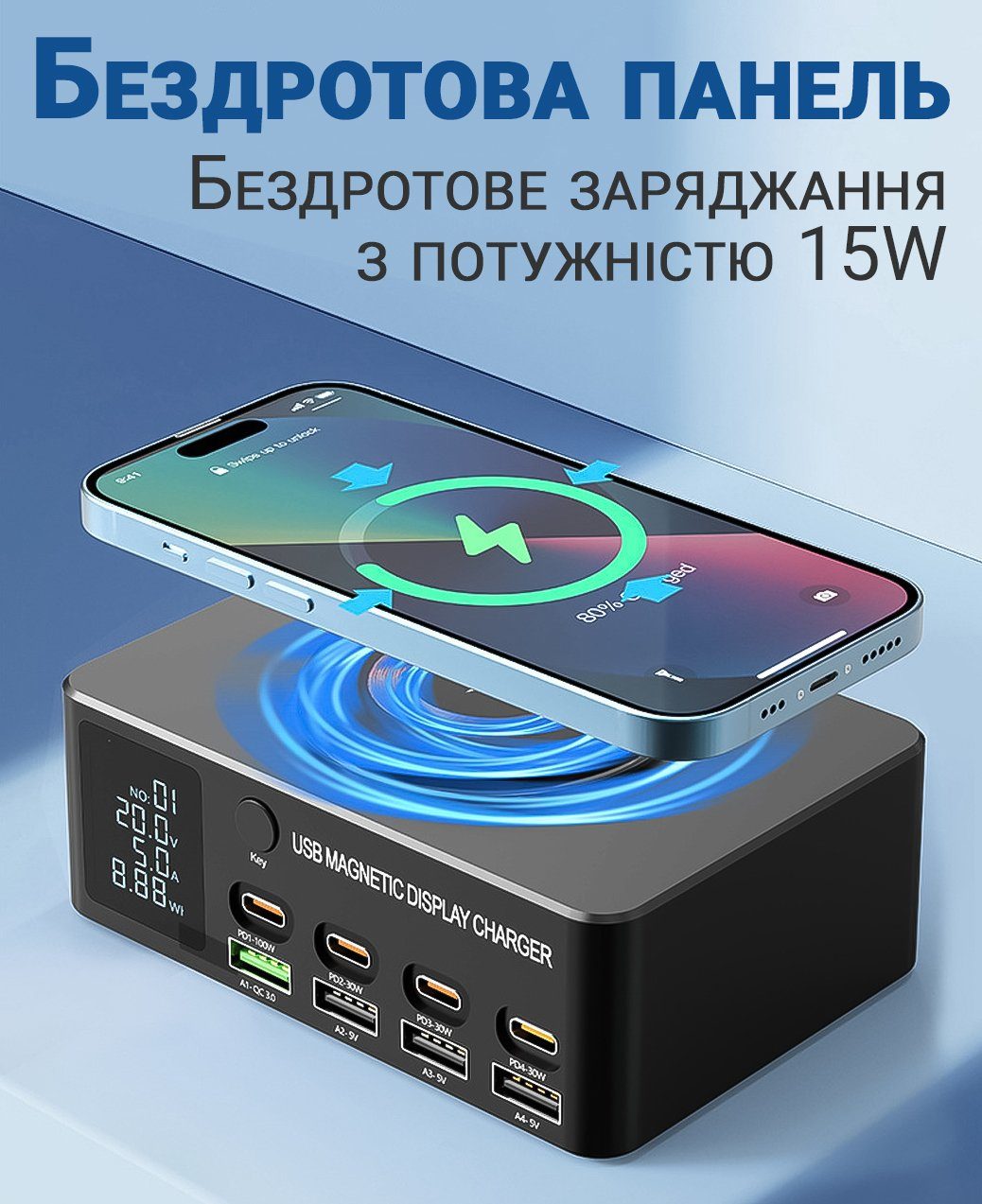 Багатопортовий зарядний пристрій з бездротовою зарядкою Addap MCS-818D+ | зарядна док-станція на 4 роз'єми Type-C PD + 4 роз'єми USB QC3.0, 140W 5