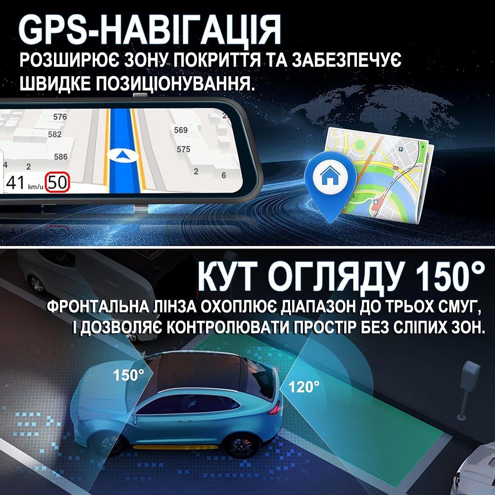 Автомобільне дзеркало заднього виду з відеореєстратором Podofo W8177, з камерою заднього огляду, GPS, Wi-Fi, нічним баченням, 4K 5