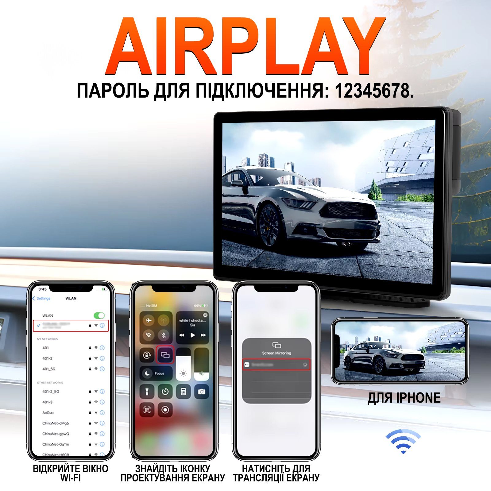 Автомобільний дисплей CarPlay Podofo A3782 8", бездротовий Apple CarPlay та Android Auto, монітор з відеореєстратором, для камер заднього виду, Bluetooth, FM, AUX 6