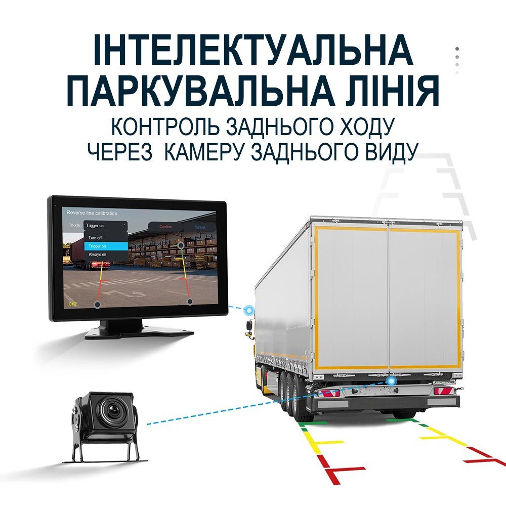 Автомобільний монітор 10.1" з 4-ма камерами заднього виду Podofo A3768, паркувальний комплекс для вантажних автомобілів з відеореєстратором, Android Auto/CarPlay, Bluetooth, FM, Wi-Fi 5