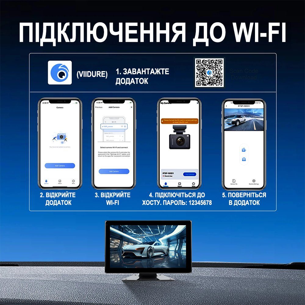 Автомобільний монітор 10.1" з 4-ма камерами заднього виду Podofo A3768, паркувальний комплекс для вантажних автомобілів з відеореєстратором, Android Auto/CarPlay, Bluetooth, FM, Wi-Fi 12