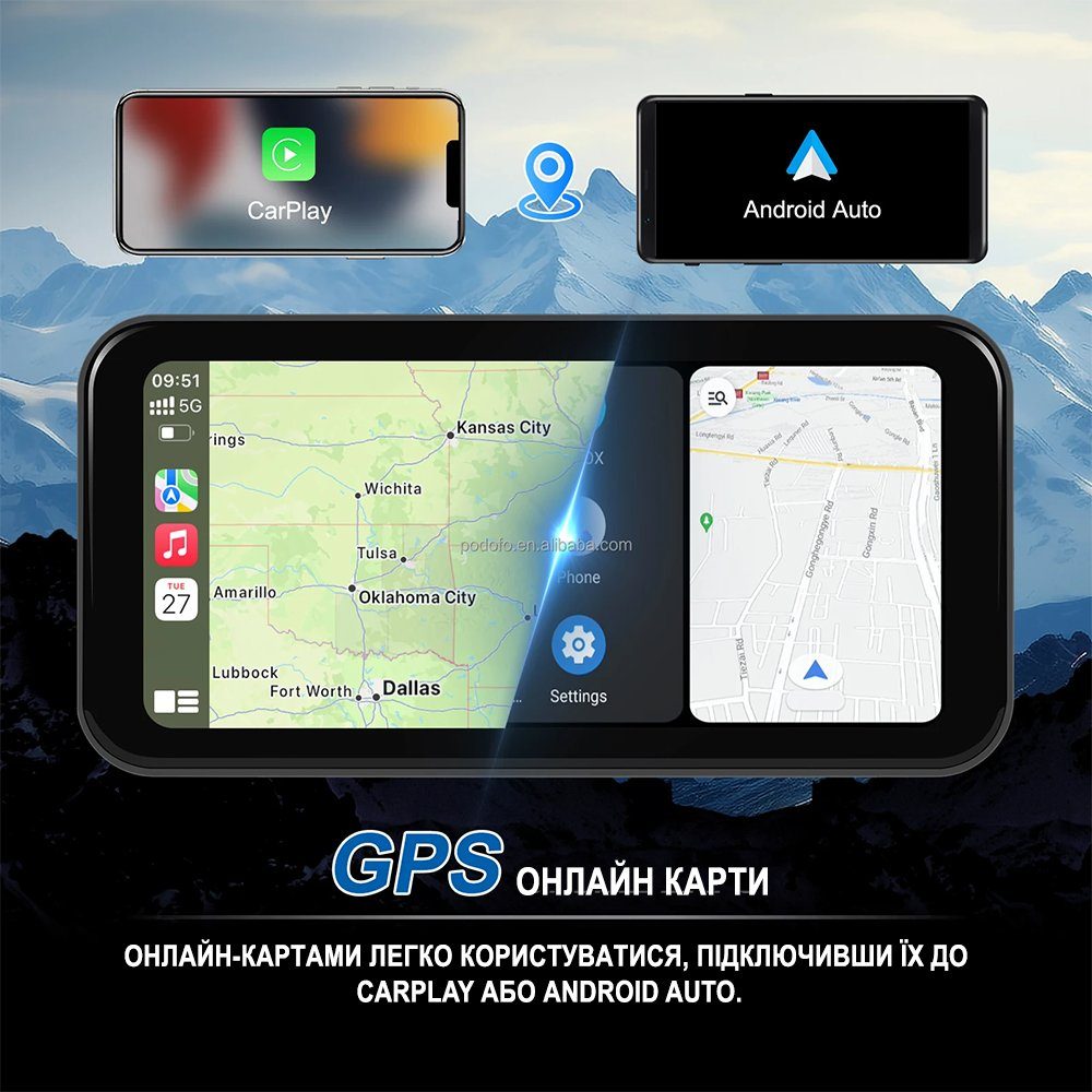 Мультимедійний монітор для мотоцикла Podofo A3659, з Bluetooth, Wi-Fi, Apple CarPlay\Android Auto, GPS, 6,25", чорний 5