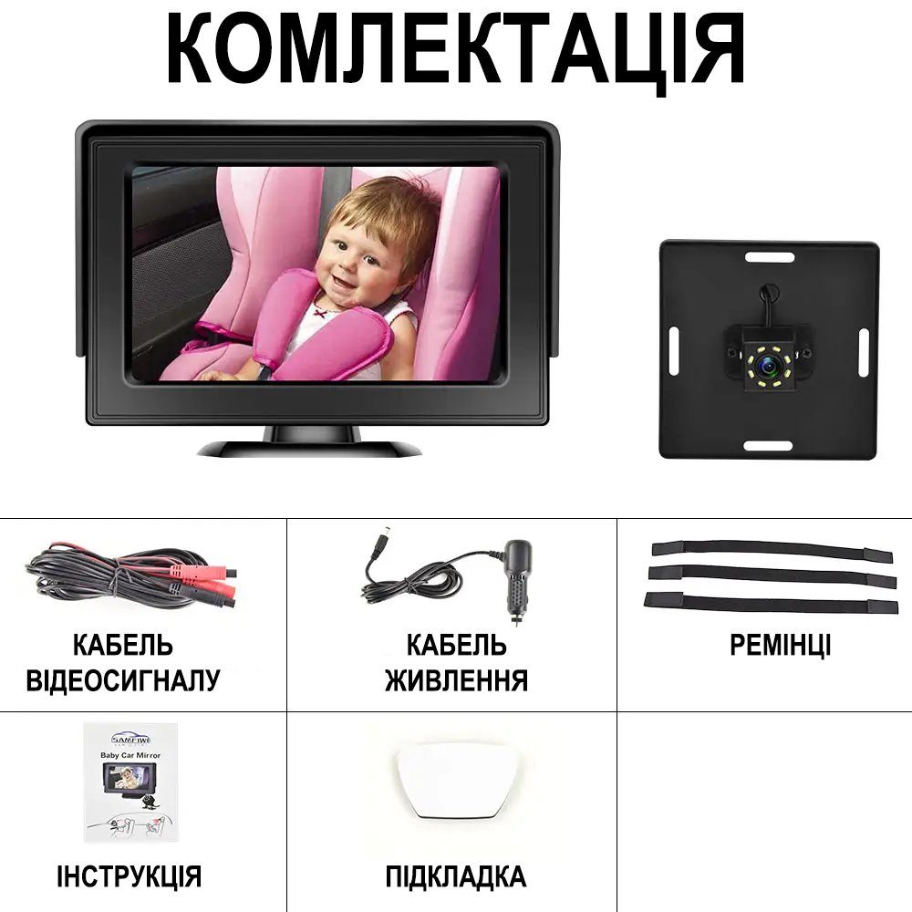 Автомобільна відеоняня для спостереження за дитиною в машині Podofo Z2102, монітор з камерою заднього виду для малюків, black 12