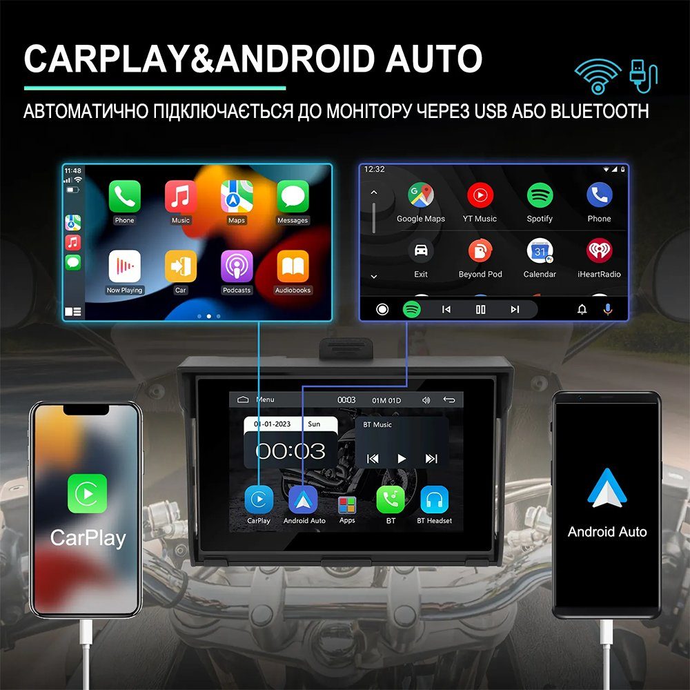 CarPlay Android Auto монітор для мотоцикла Podofo A3502, 5" сенсорний дисплей, Bluetooth, Wi-Fi, GPS 2