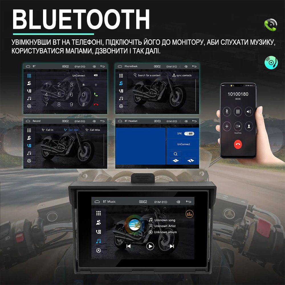 CarPlay Android Auto монітор для мотоцикла Podofo A3502, 5" сенсорний дисплей, Bluetooth, Wi-Fi, GPS 4