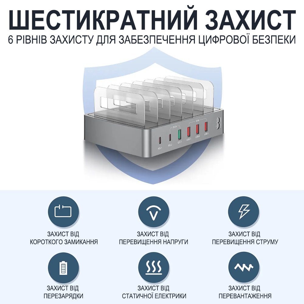 Багатопортова зарядна док - станція з органайзером Addap MCS-H881, 72W, на 6 портів, USB, Type-C PD, QC 10