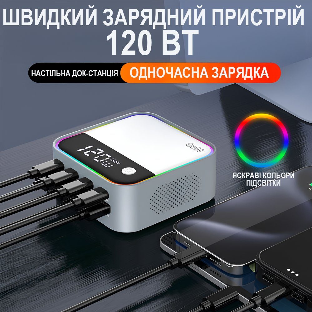 8в1 Багатопортовий зарядний пристрій Addap MCS-M8, док-станція для зарядки на 4 порти Type-C PD + 4 USB-A, з кольоровою RGB підсвіткою, GaN 120W 3