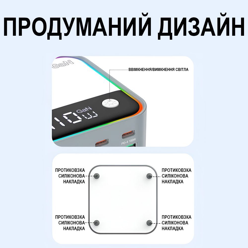 8в1 Багатопортовий зарядний пристрій Addap MCS-M8, док-станція для зарядки на 4 порти Type-C PD + 4 USB-A, з кольоровою RGB підсвіткою, GaN 120W 7