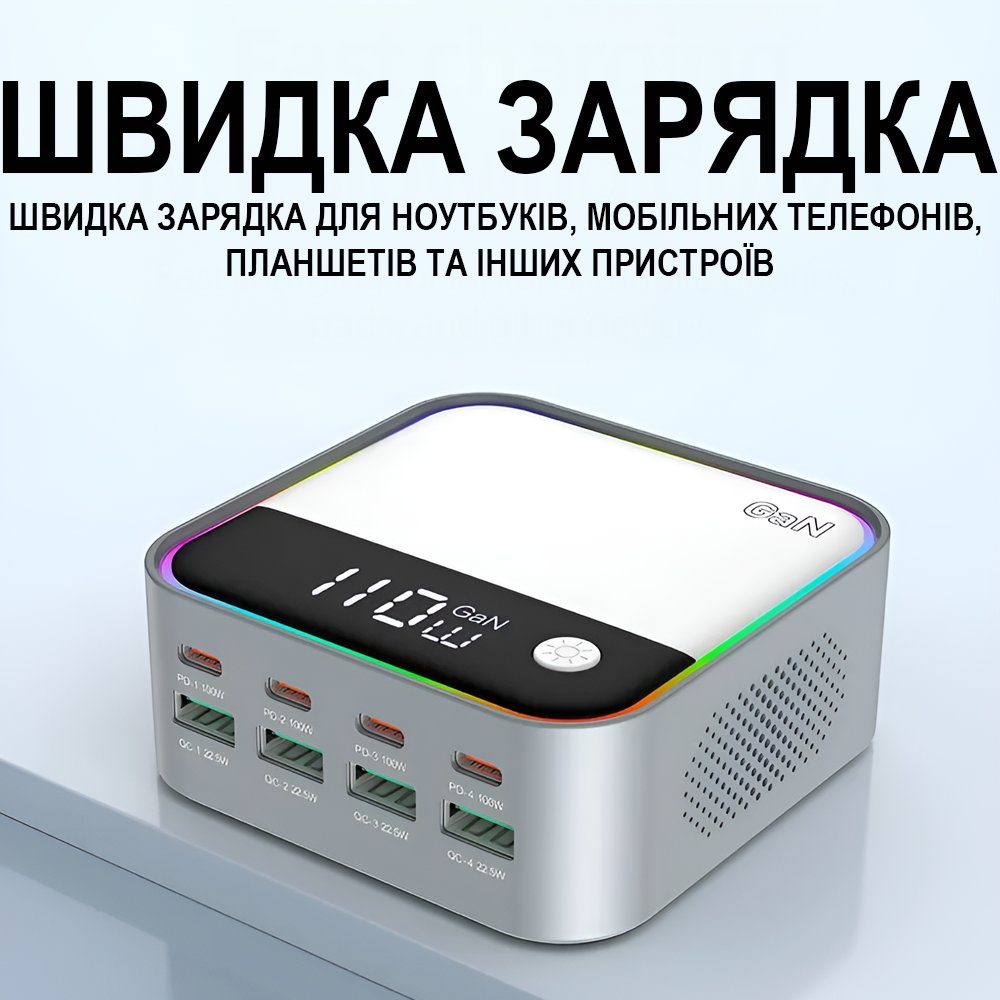 8в1 Багатопортовий зарядний пристрій Addap MCS-M8, док-станція для зарядки на 4 порти Type-C PD + 4 USB-A, з кольоровою RGB підсвіткою, GaN 120W 8