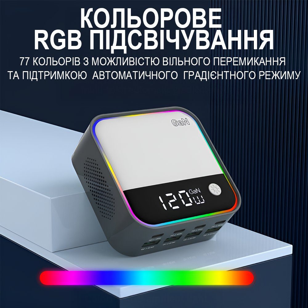 8в1 Багатопортовий зарядний пристрій Addap MCS-M8, док-станція для зарядки на 4 порти Type-C PD + 4 USB-A, з кольоровою RGB підсвіткою, GaN 120W 2