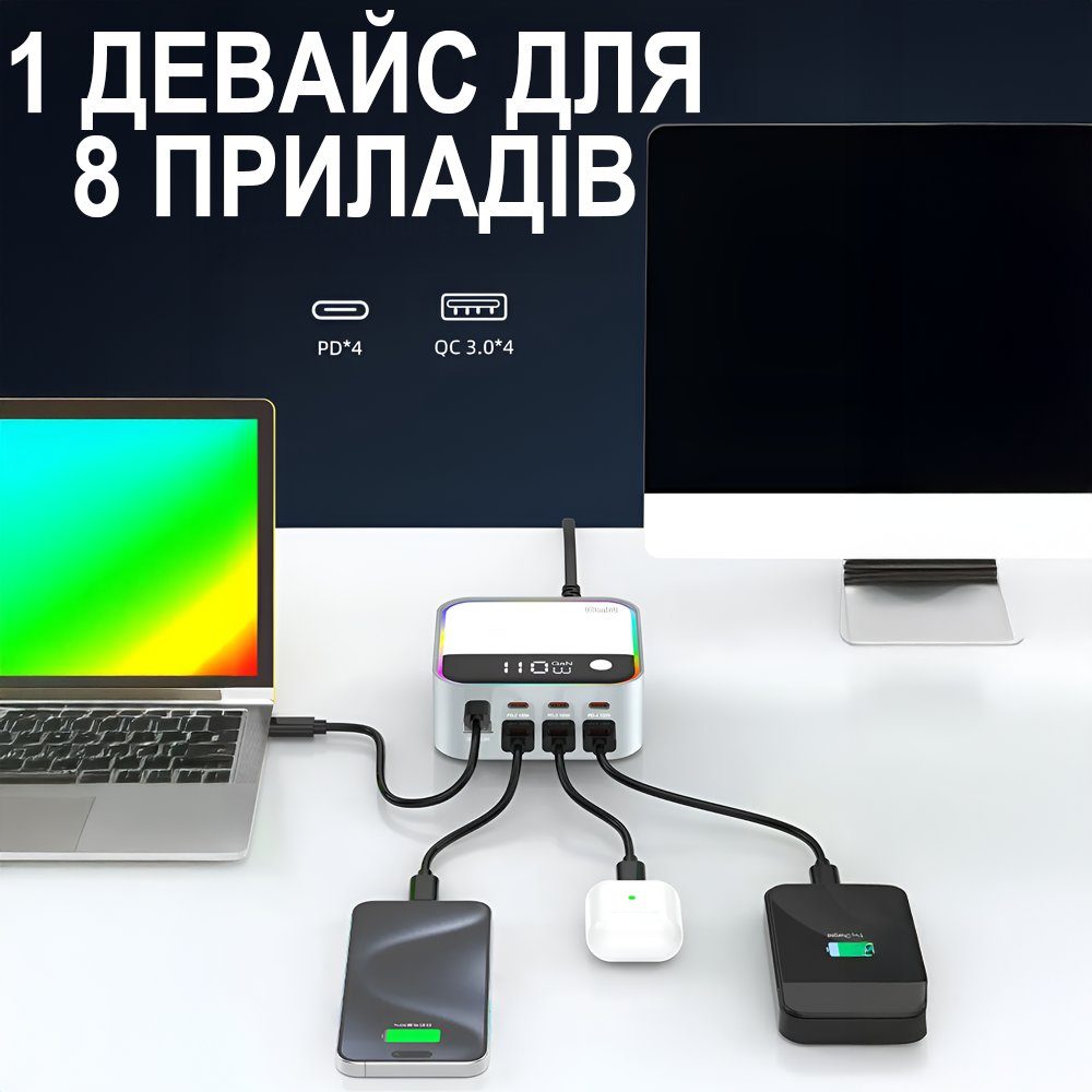 8в1 Багатопортовий зарядний пристрій Addap MCS-M8, док-станція для зарядки на 4 порти Type-C PD + 4 USB-A, з кольоровою RGB підсвіткою, GaN 120W 10