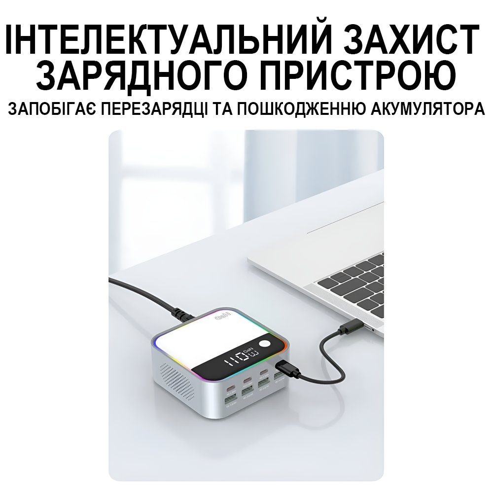 8в1 Багатопортовий зарядний пристрій Addap MCS-M8, док-станція для зарядки на 4 порти Type-C PD + 4 USB-A, з кольоровою RGB підсвіткою, GaN 120W 6