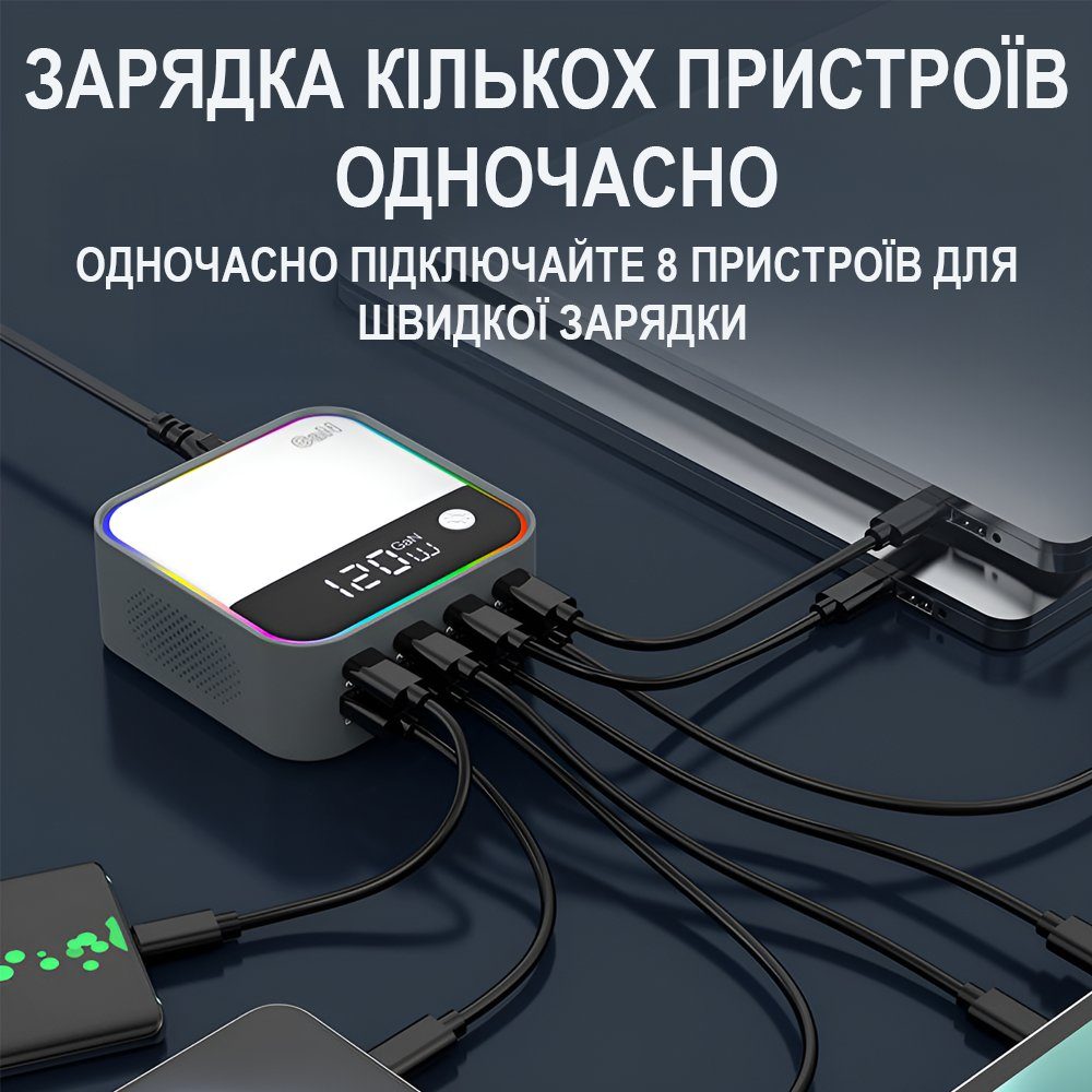 8в1 Багатопортовий зарядний пристрій Addap MCS-M8, док-станція для зарядки на 4 порти Type-C PD + 4 USB-A, з кольоровою RGB підсвіткою, GaN 120W 4