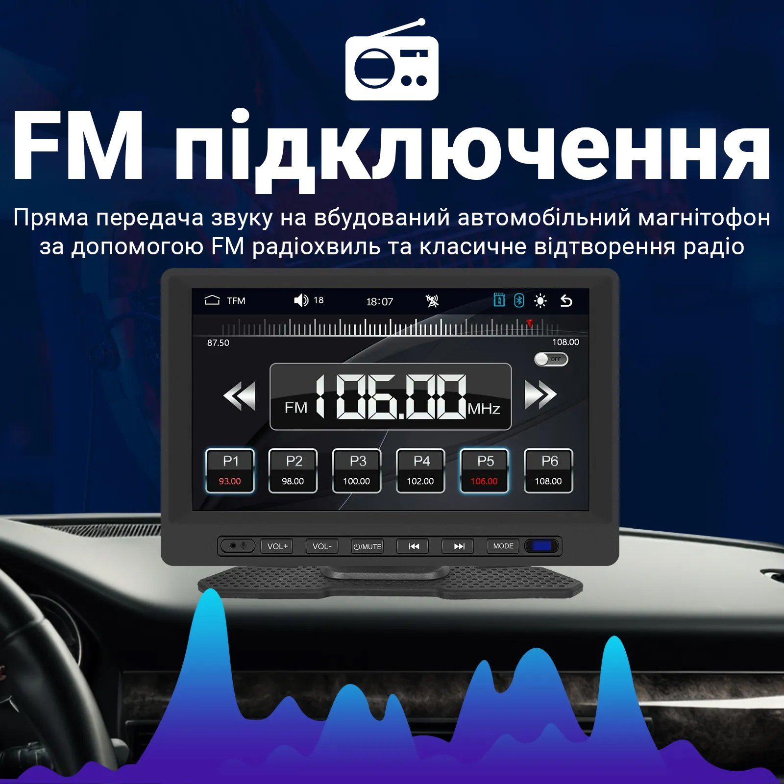 Автомобільний дисплей CarPlay Podofo A3458 7", сенсорний монітор з Apple CarPlay та Android Auto, Bluetooth, FM, підтримка камери заднього виду 7