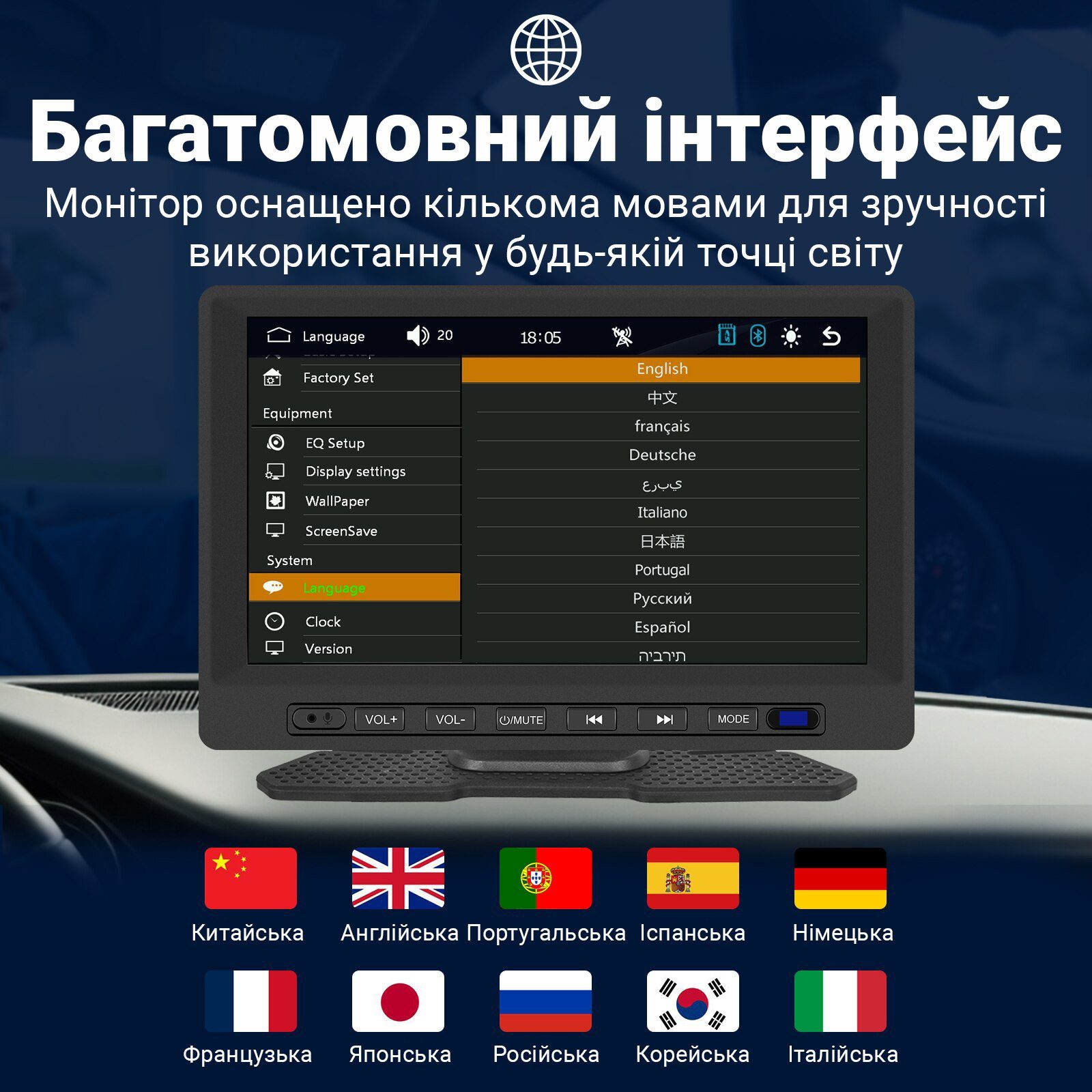 Автомобільний дисплей CarPlay Podofo A3458 7", сенсорний монітор з Apple CarPlay та Android Auto, Bluetooth, FM, підтримка камери заднього виду 9