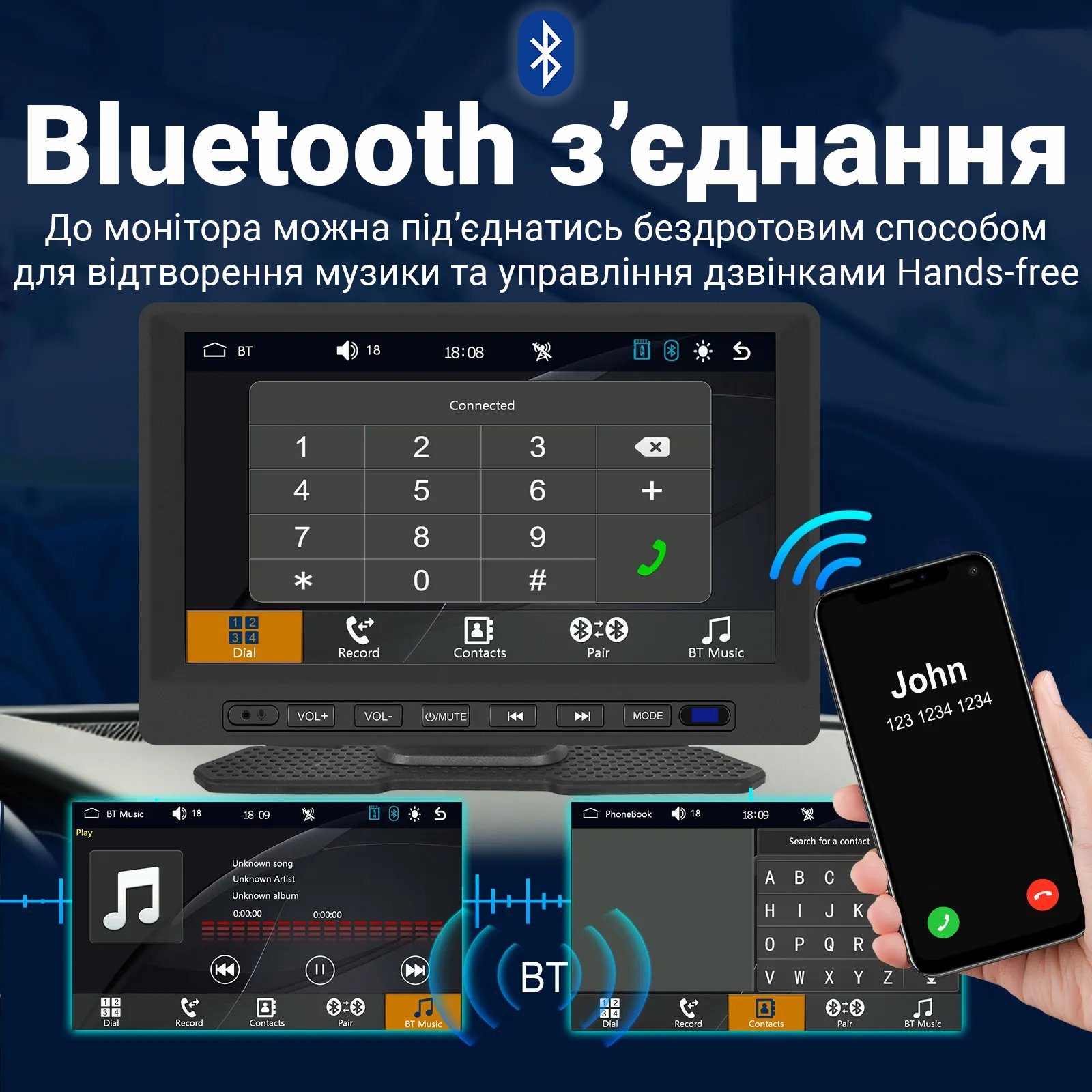 Автомобільний дисплей CarPlay Podofo A3458 7", сенсорний монітор з Apple CarPlay та Android Auto, Bluetooth, FM, підтримка камери заднього виду 6