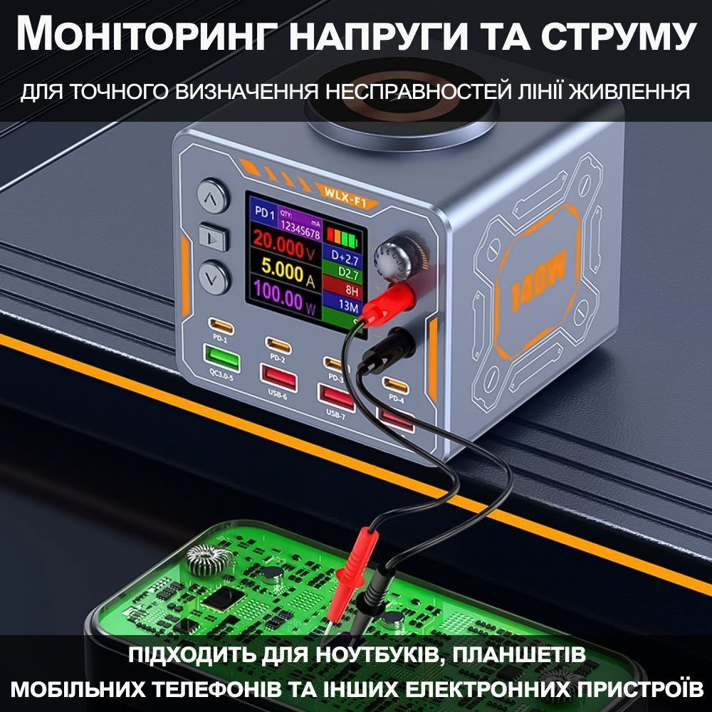 8в1 Швидкісна зарядна станція 140 Вт Addap WLX-F1 | Багатопортовий блок живлення DC 0–12 В з дисплеєм, QC/PD + бездротова зарядка, для ремонту телефонів, ноутбуків 11