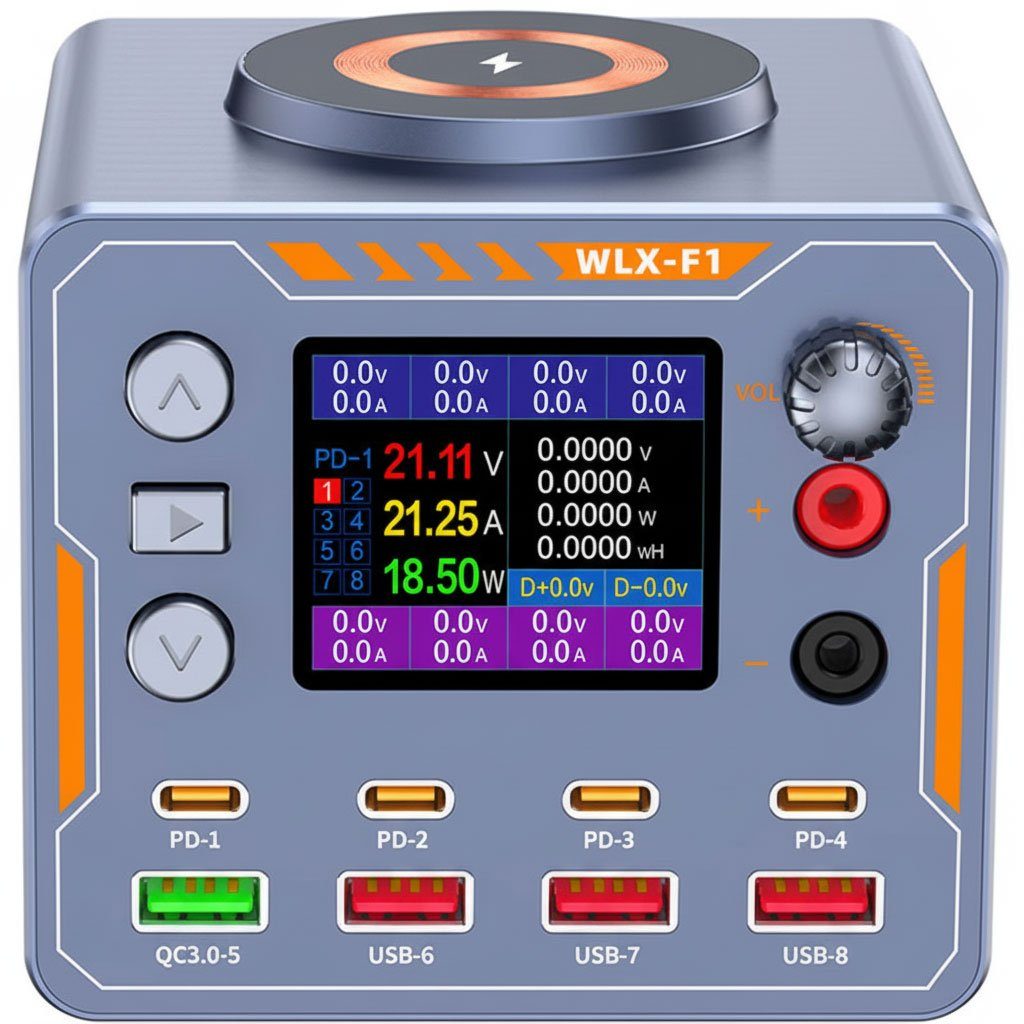 8в1 Швидкісна зарядна станція 140 Вт Addap WLX-F1 | Багатопортовий блок живлення DC 0–12 В з дисплеєм, QC/PD + бездротова зарядка, для ремонту телефонів, ноутбуків
