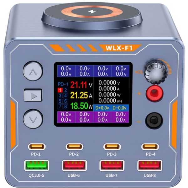 8в1 Швидкісна зарядна станція 140 Вт Addap WLX-F1 | Багатопортовий блок живлення DC 0–12 В з дисплеєм, QC/PD + бездротова зарядка, для ремонту телефонів, ноутбуків