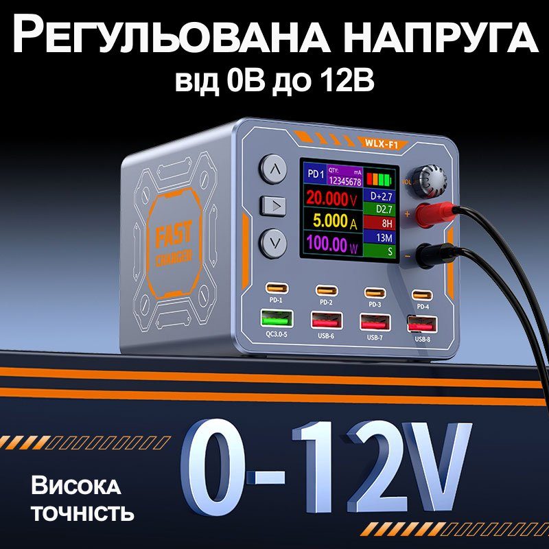 8в1 Швидкісна зарядна станція 140 Вт Addap WLX-F1 | Багатопортовий блок живлення DC 0–12 В з дисплеєм, QC/PD + бездротова зарядка, для ремонту телефонів, ноутбуків 5
