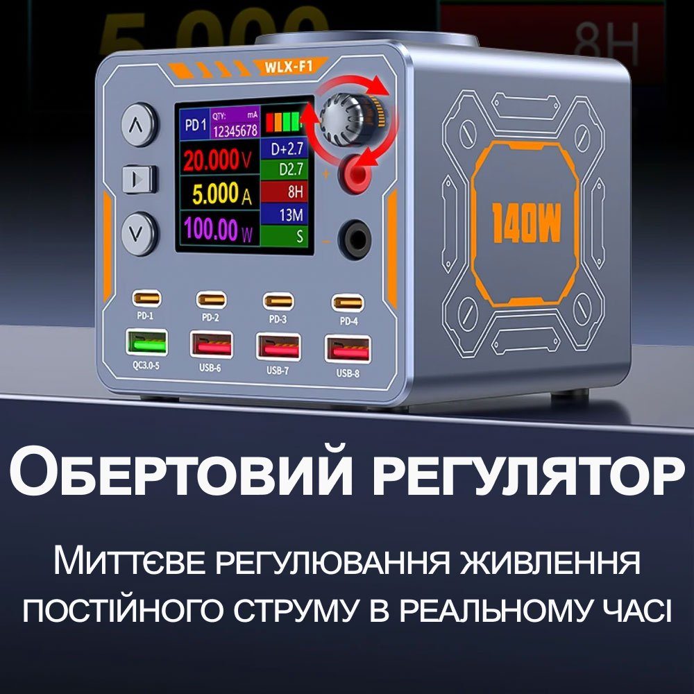8в1 Швидкісна зарядна станція 140 Вт Addap WLX-F1 | Багатопортовий блок живлення DC 0–12 В з дисплеєм, QC/PD + бездротова зарядка, для ремонту телефонів, ноутбуків 12